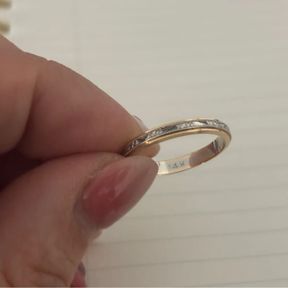 14K Two-Tone Etched Stackable Women's Wedding Band - yellow and white gold - Picture 2 of 4